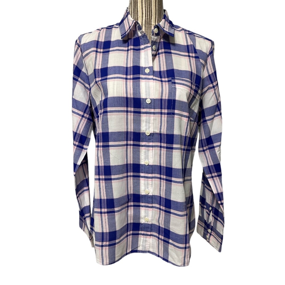JCrew white blue pink plaid long sleeve button down shirt large 100% cotton